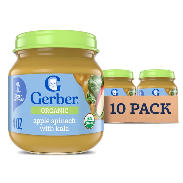 Alimento para Bebés Gerber Etapa 2 Orgánico de Manzana, Espinaca y Kale 284 ml Paquete de 10