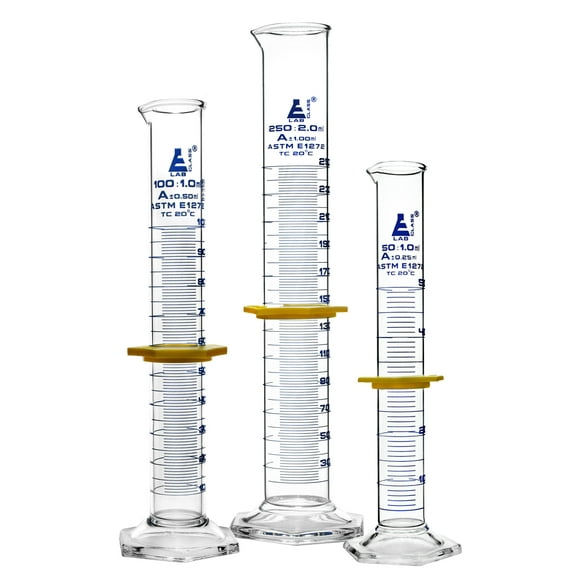 Premium Graduated Cylinder Set - 50mL, 100mL & 250mL - ASTM,  Class A - Protective Collars, Hexagonal Base - Blue Graduations - Borosilicate 3.3 Glass - Eisco Labs