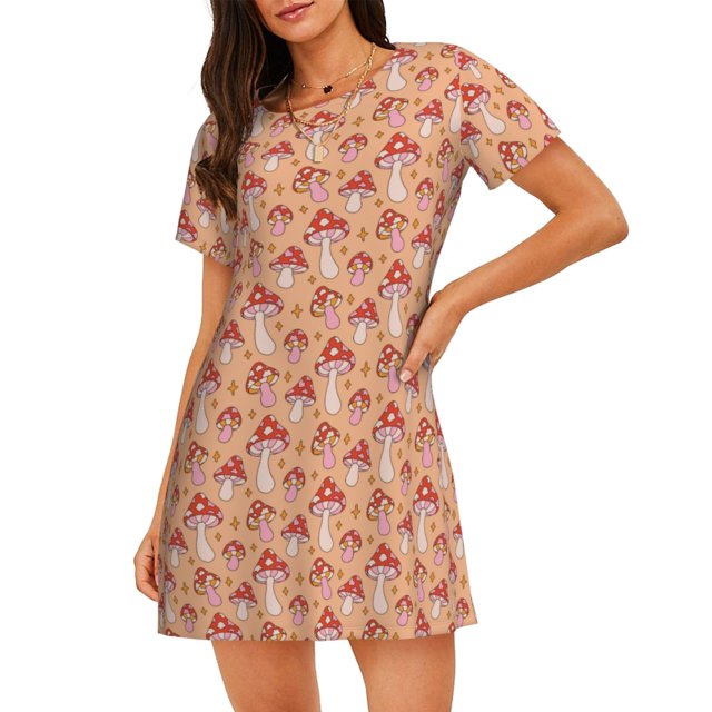 Disketp Mushroom para Camisón Corto de Manga Corta para Mujeres, Camisón Cómodo con Escote Redondo, Bonito y Confortable
