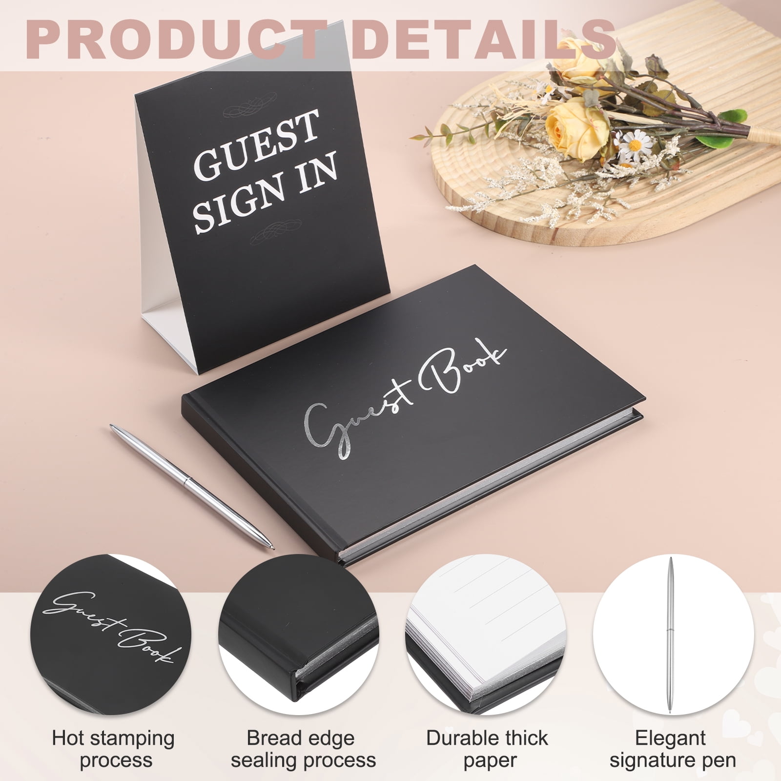Uxcell Guest Book, 9x7" Elegant Wedding Guestbook Black Cover Memory Book with Diamond Signing Pen and Greeting Card for Wedding Bridal Shower Birthday Party Events, Silver Tone