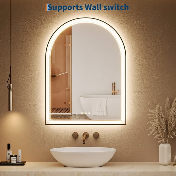 Dimmable LED Bathroom Mirror - 24x32 Inch Arched or Rectangular Vanity, Front & Backlight, Anti-Fog, Shatter-Proof, Memory Function, 3 Color Temperatures, Wall Mounted