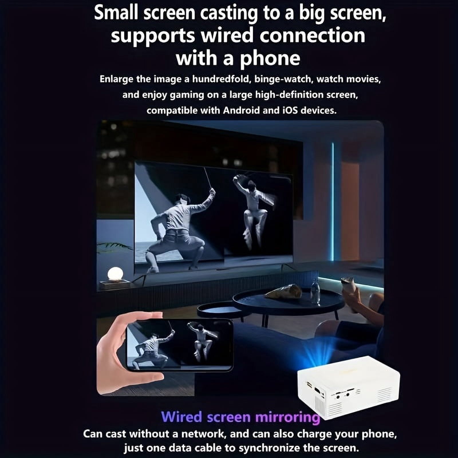 Portable Mini Projector, 1080P 4K Full HD Horizontal Correction, 120 Inch Display Smart Film And Television Projector Compatible With Phone/computer/TV Stick/HDMI/USB/Audio.(White)