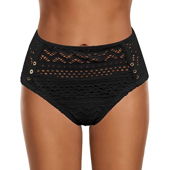 WREESH Women High Waist Ruched Bikini Bottoms Tummy Control Swimsuit Lace Briefs Pants