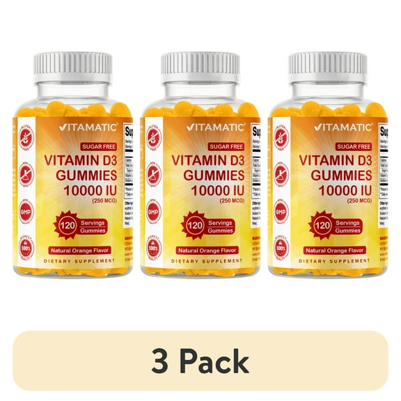 (3 pack) Vitamatic Sugar Free Vitamin D3 10000 IU per Gummy - 120 Pectin Based Gummies - Great Taste - Healthy Bones, Mood & Immune System Function - Non-GMO - 120 Servings