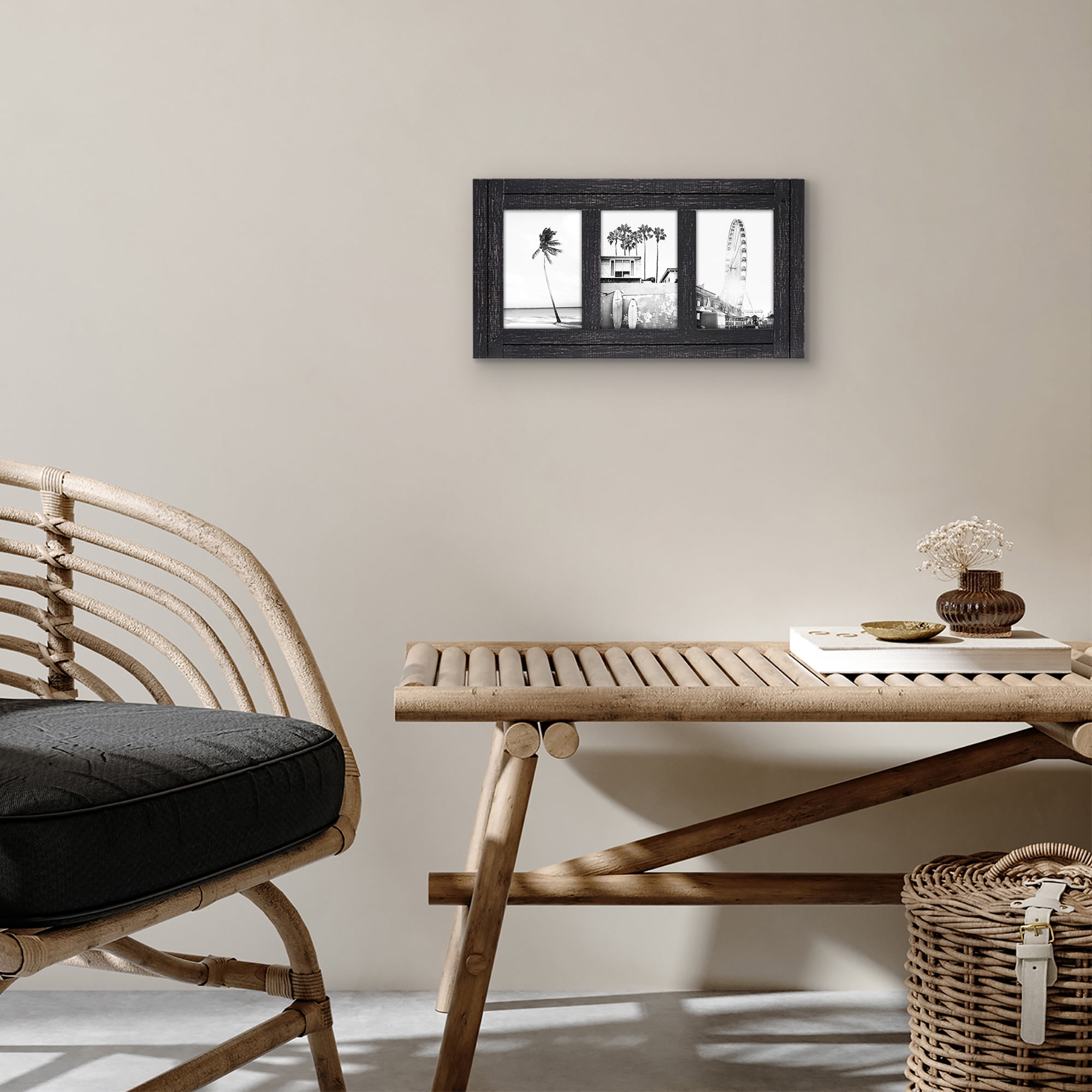 Americanflat 4x6 Hinge Frame Hinged Triple Photo Openings Polished Glass Distressed Collage - Charcoal Black