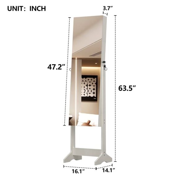 ABNO1 Jewelry Cabinet Armoire with Full Length Mirror with stand, Jewelry Armoire Organizer, Lockable Storage Cabinet, Interior Lighted Mirror, White