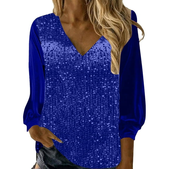 Women's New V Neck Shiny Sequin Top Elegant Sequin Long Sleeve Shirt Loose Version Of Sequin Shirt
