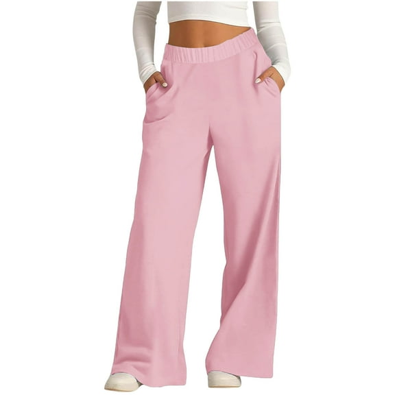 Womens Wide Leg Pajama Pants Baggy Casual Lounge Sleep Pants with Pockets Elastic Waist Pull-On Pjs Bottoms Pink, M