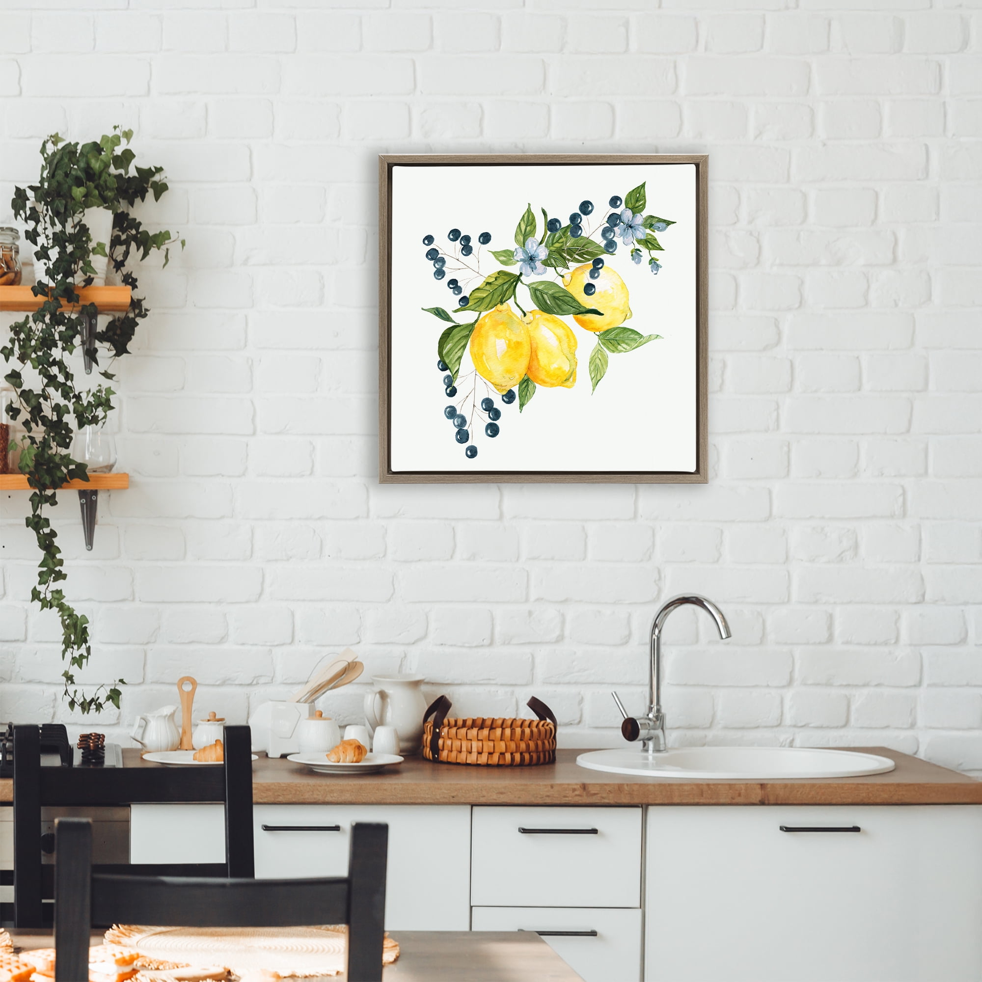 Stupell Industries Lemon Branch with Berries Brown Framed Floater Canvas Wall Art, design by Livi Finn
