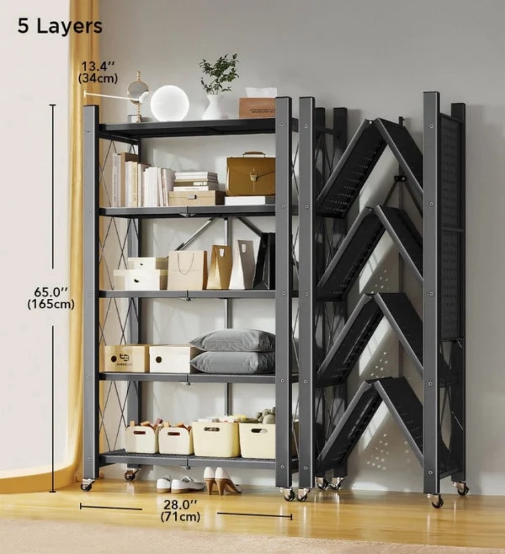 Joybos 5 Tiers Foldable Storage Organizer Wire Shelf Rack with Wheels,Holds Up To 1000 Pounds,Black