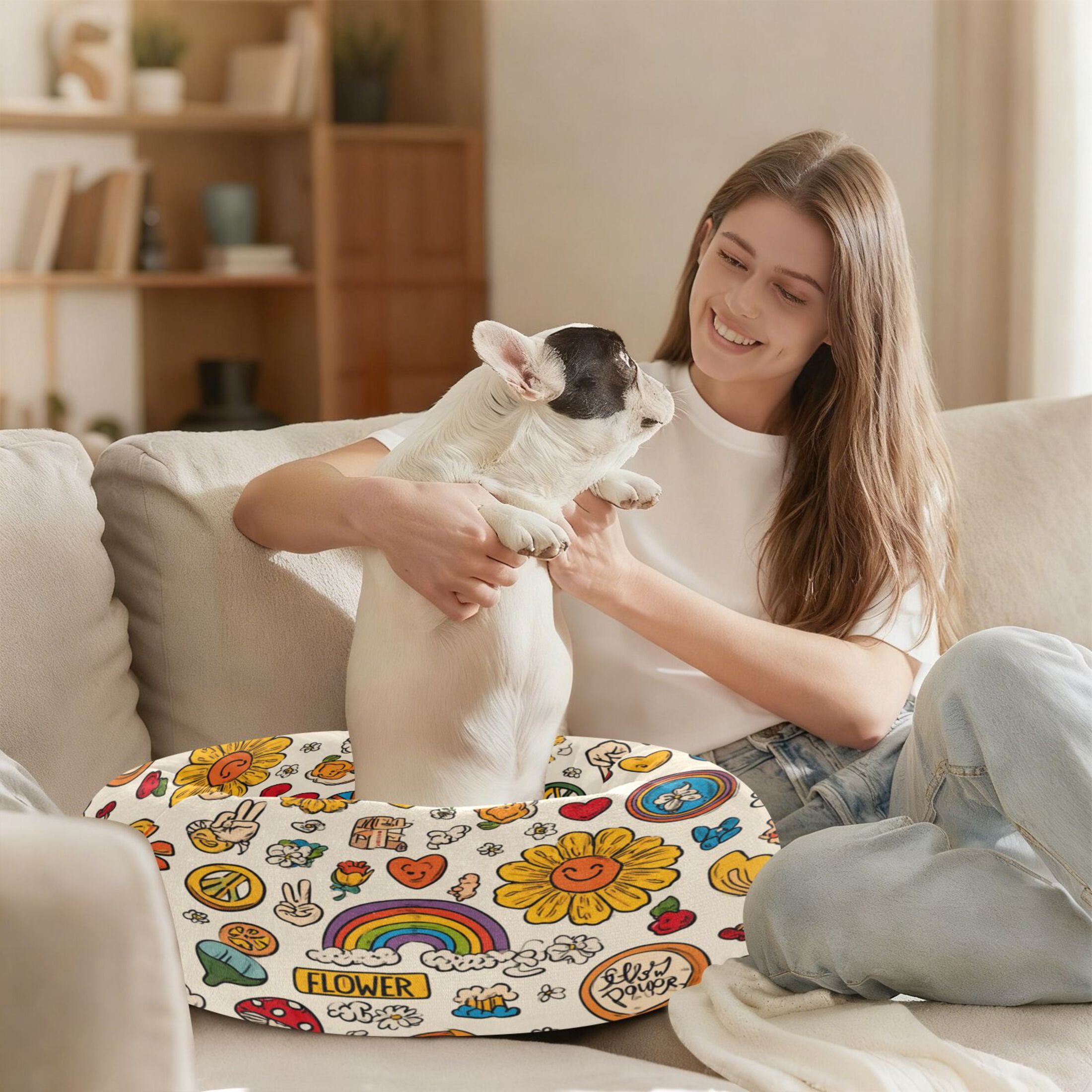 Iauyy Pet Couch Donut Cat Bed for Indoor Cats/Small Dogs Washable & Machine with Non-slip Bottom Calming Cat Furniture, Retro Hippie Logo (XS)