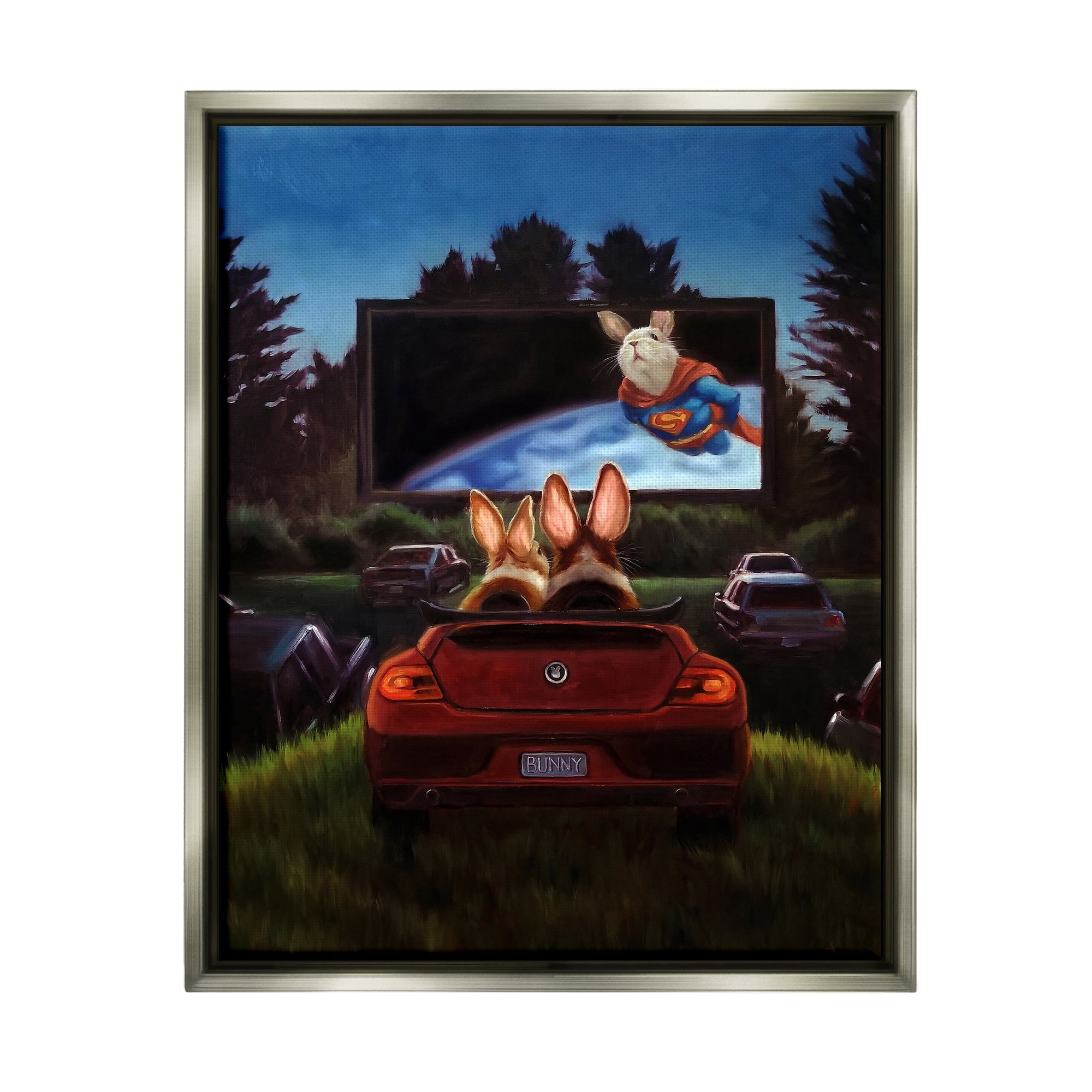 Stupell Industries Romantic Bunny Couple Drive-In Movie Date Animals Painting Luster Gray Floating Framed Canvas Print Wall Art, Design by Lucia Heffernan