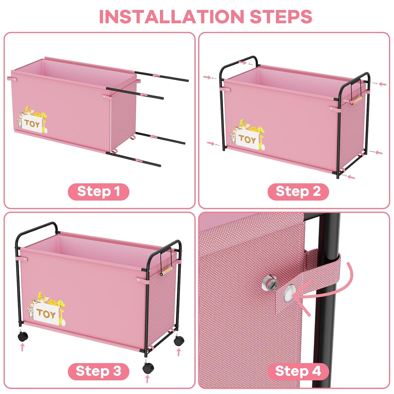 Toy Box Storage, 180L Extra Large Toy Chest with 360° Wheels, Oxford Cloth Metal Toy Box for Boys, Girls, Stuffed Animals, Clothes, Bedroom, Living Room (Pink)