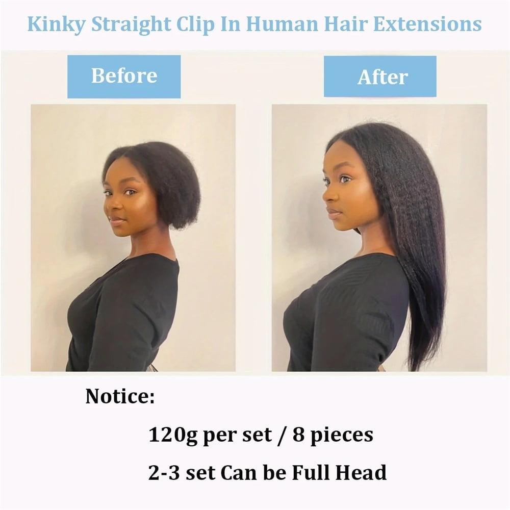 Kinky Straight Clip in Hair Extensions Seamless Clip ins Hair Extensions Real Human Hair Natural Black Yaki Straight Hair Extensions for Black Women
