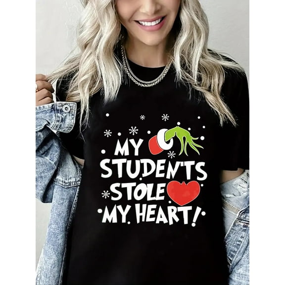 Merry Christmas T-Shirt My Students Stole My Heart Graphic Casual Short Sleeve Shirt for Women