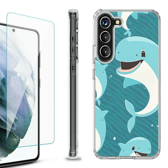 OneToughShield ® for Samsung Galaxy S23  S23 Plus 5G Shockproof Bumper Phone Case, with Tempered Glass Screen Protector - Smiling Dolphin
