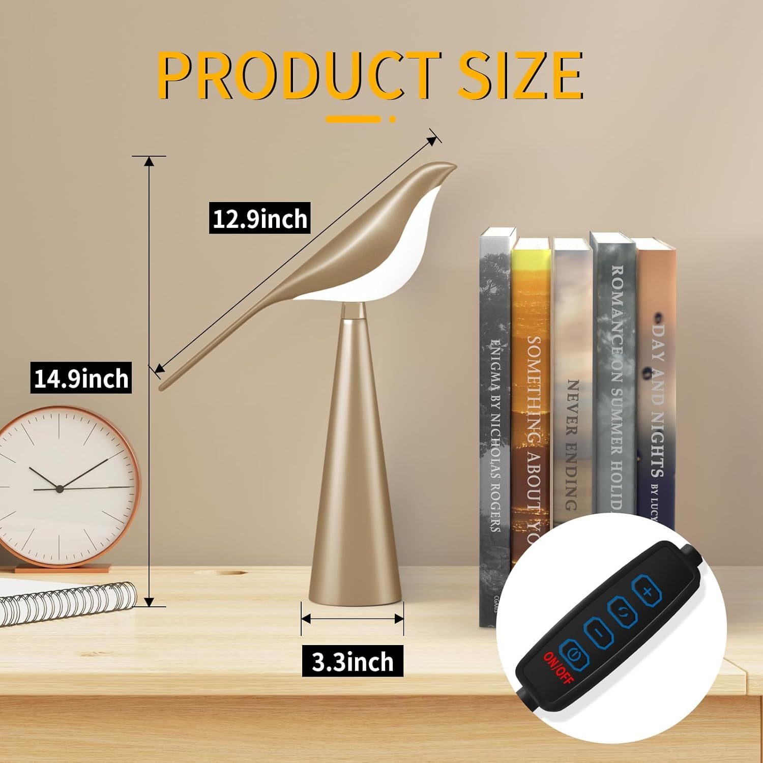 Table Lamp for Bedroom, Bird Night Light, 10 Level Dimmable Brightness Bedside Lamps, Desk Lamp for Dorm, Office, Gift, Reading, 3 Colors, Metal Finish, Gold, 360° Rotation