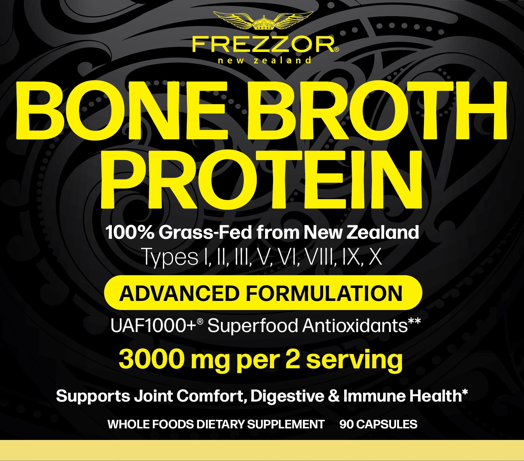 FREZZOR 100% Grass-Fed Beef Bone Broth Protein Capsules for Men & Women | Joint Health & Anti-Age Support | Organic Multi Collagen Peptide Supplement, 1 Pack, 90 Capsules
