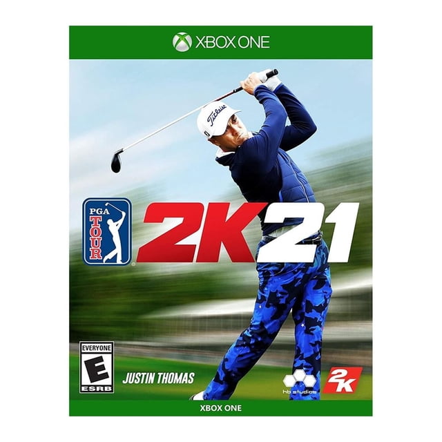 pga tour 2k21 xbox one físico portada de videojuego para Xbox One con Justin Thomas ejecutando un swing de golf, fondo de campo desenfocado, logo PGA TOUR y texto grande '2K21' en rojo y blanco; ideal para coleccionistas y aficionados a los juegos de deportes.