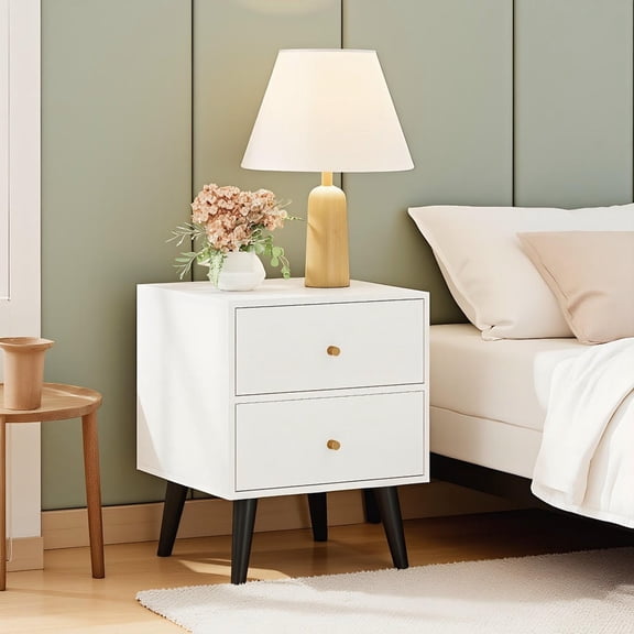 Kadyn Mid Century Nightstand Bedside Cabinet with Gold Finished Knobs Stable Support Legs for Bedroom Living Room Decor Furniture, White