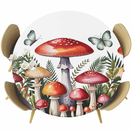 Red Mushrooms Round Tablecloth Fitted Table Cover with Elastic for 36 -44 Round Tables Spring Forest Leaves Butterfly Plants Table Cloth Outdoor Indoor Dinning Party Waterproof Tablecloths