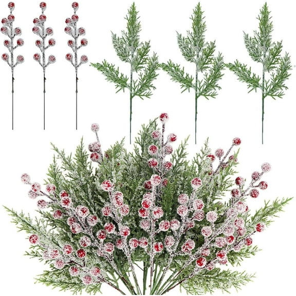 24Pcs Christmas Artificial Faux Cedar Branches and Holly Berries Set, Fake Snowy Pine Picks Artificial Berry Stems for Christmas Garland Wreath DIY Crafts Home Decor (12 Pine Picks 12 Berry Stems)