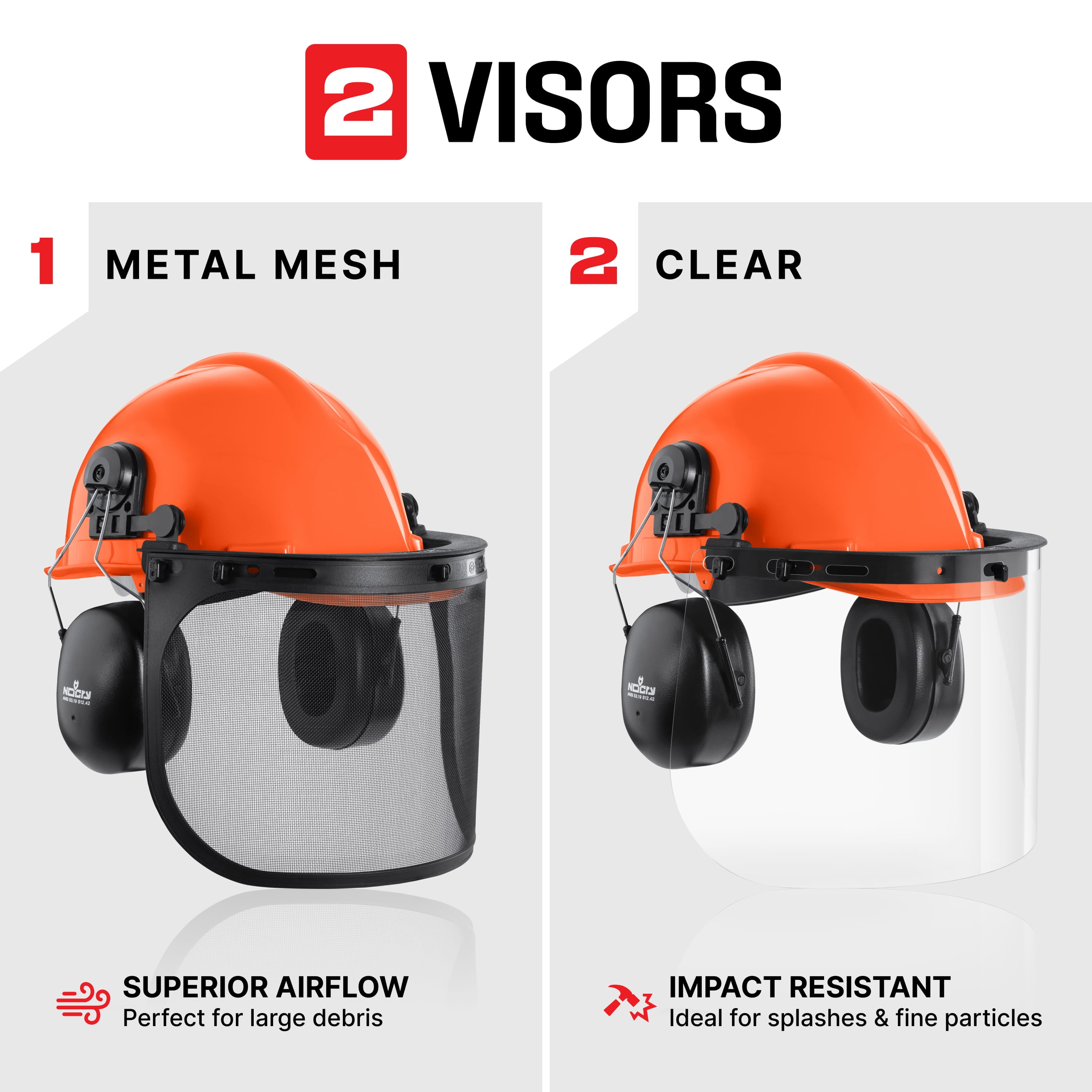NoCry 6-in-1 Industrial Chainsaw Helmet with Face Shield and Ear Muffs — Mesh & Clear Plastic Visors Included — ANSI Z89.1 Certified — Adjustable Headgear — Ideal for Forestry and Arborist Work
