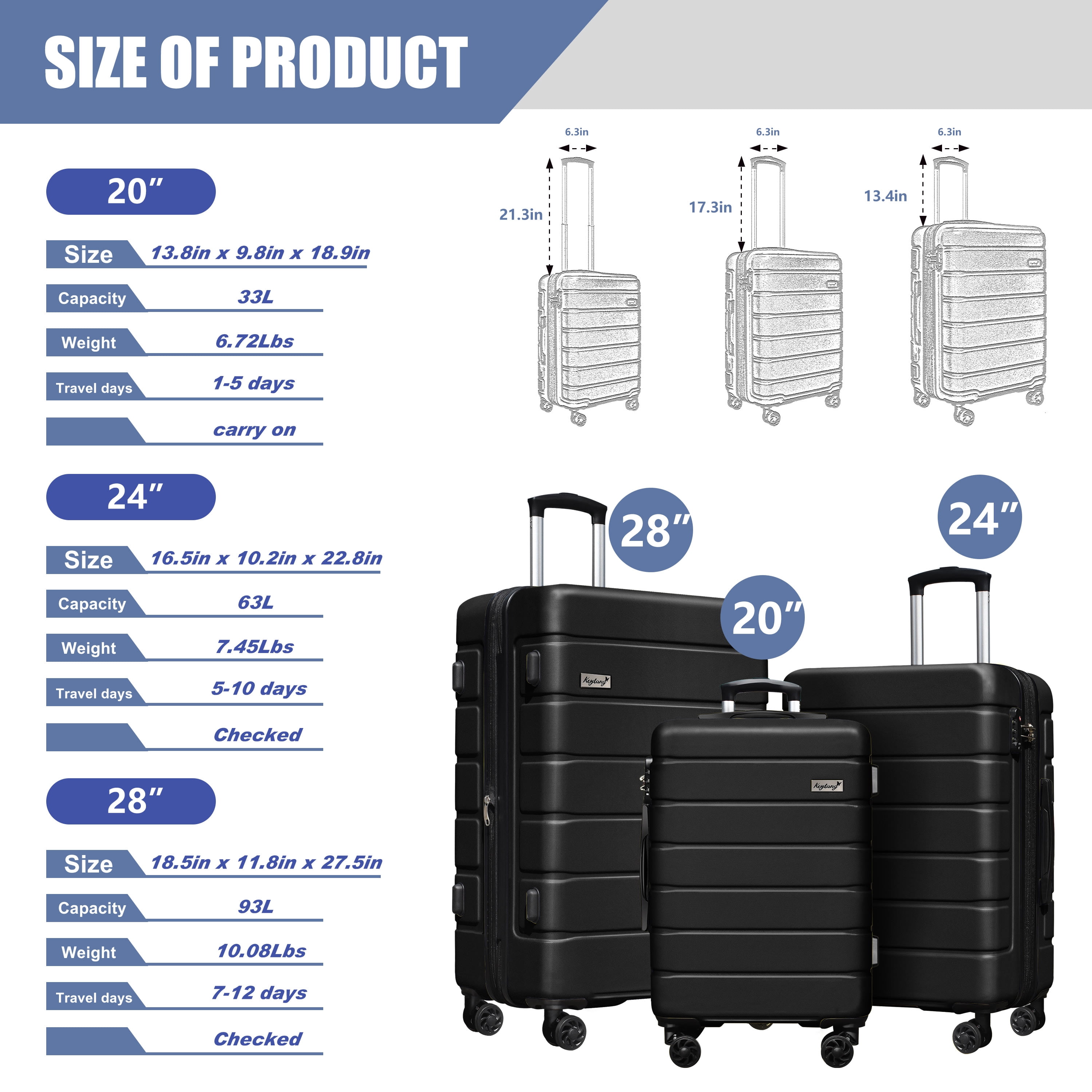 Keytang Lightweight Hardside Expandable Spinner Wheels Luggage Suitcase W/TSA Lock 3-Piece Set，Black