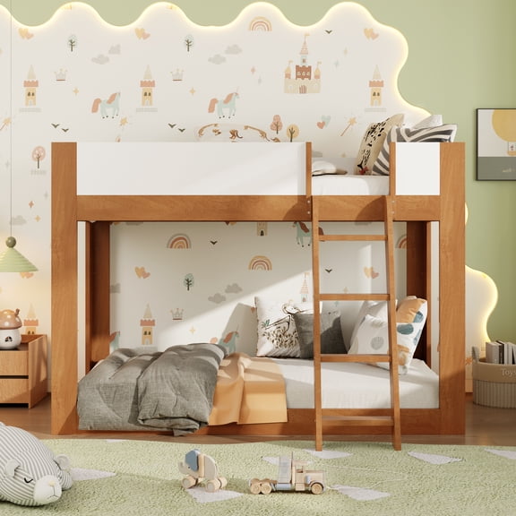 Twin Low Bunk Bed, Wooden Convertible Frame with Reversible Ladder & Safety Guardrails,Walnut.