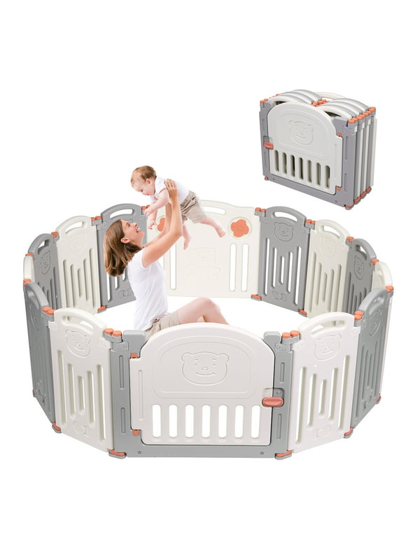 KOFUN Baby Playpen, 14-Panel Foldable Kids Safety Activity Center Playard w/Locking Gate, Non-Slip Rubber Bases, Adjustable Shape, Portable Baby Play Yards Design for Indoor Outdoor Use