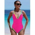 thumbnail image 4 of Women's Swimsuit Tummy Control Deep V Neck Neon Colorblock Swimwear Rose Red L, 4 of 8