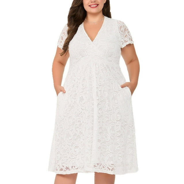 Ovzne Robes d'Été pour Femmes Robe d'Été pour Dames Couleur Unie Col en V Manches Courtes Décontractée Ample Robe en Dentelle Robe d'Été Manches Courtes Liquidation