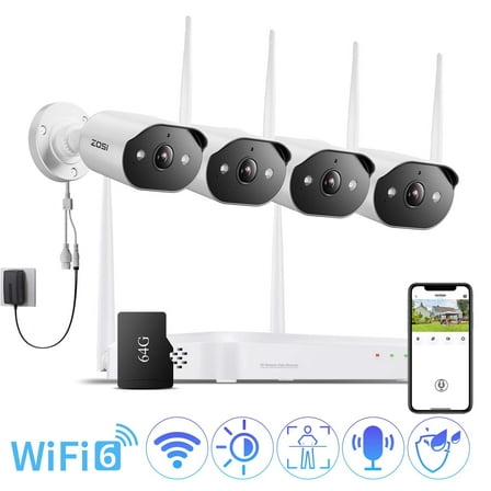 3MP Wireless Security Camera System with Audio, ZOSI 4K 8CH NVR with 64GB Memory Card, 4pcs 2K Outdoor WiFi Camera with Color Night Vision, AI Person Detection, Siren Alarm, Smart Home Security