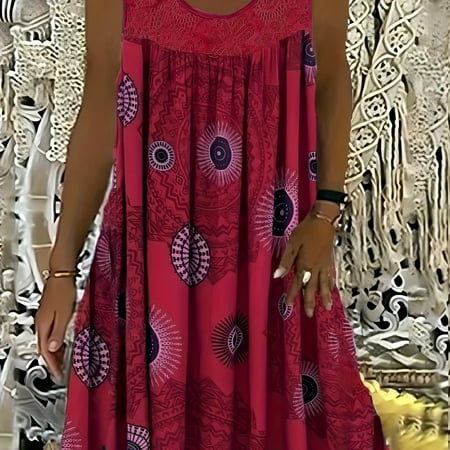 

ZNGYXN Plus Size Eyelet-Embroidered Tank Dress - Sleeveless Geometric Print Vacation-Ready with Contrast Lace All-Season Comfort