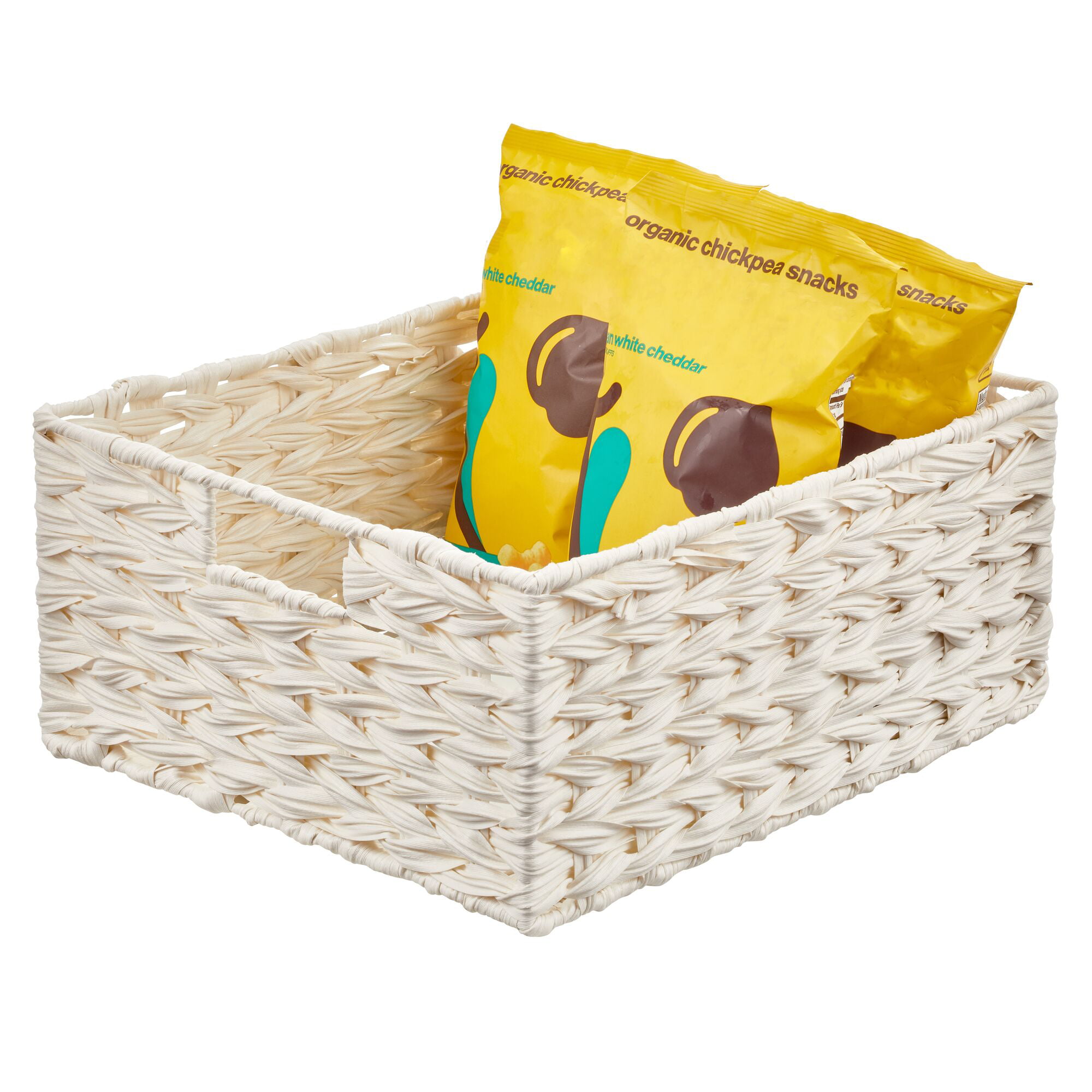 3ct mDesign Woven Farmhouse Kitchen Pantry Food Storage Basket Box, 3 Pack, White