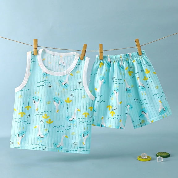 Amidoa Toddler Boys Girls 2 Piece Outfits Summer Clothes Cute Graphic Tank Top and Casual Shorts Kids Clothing Sets Blue Size 12
