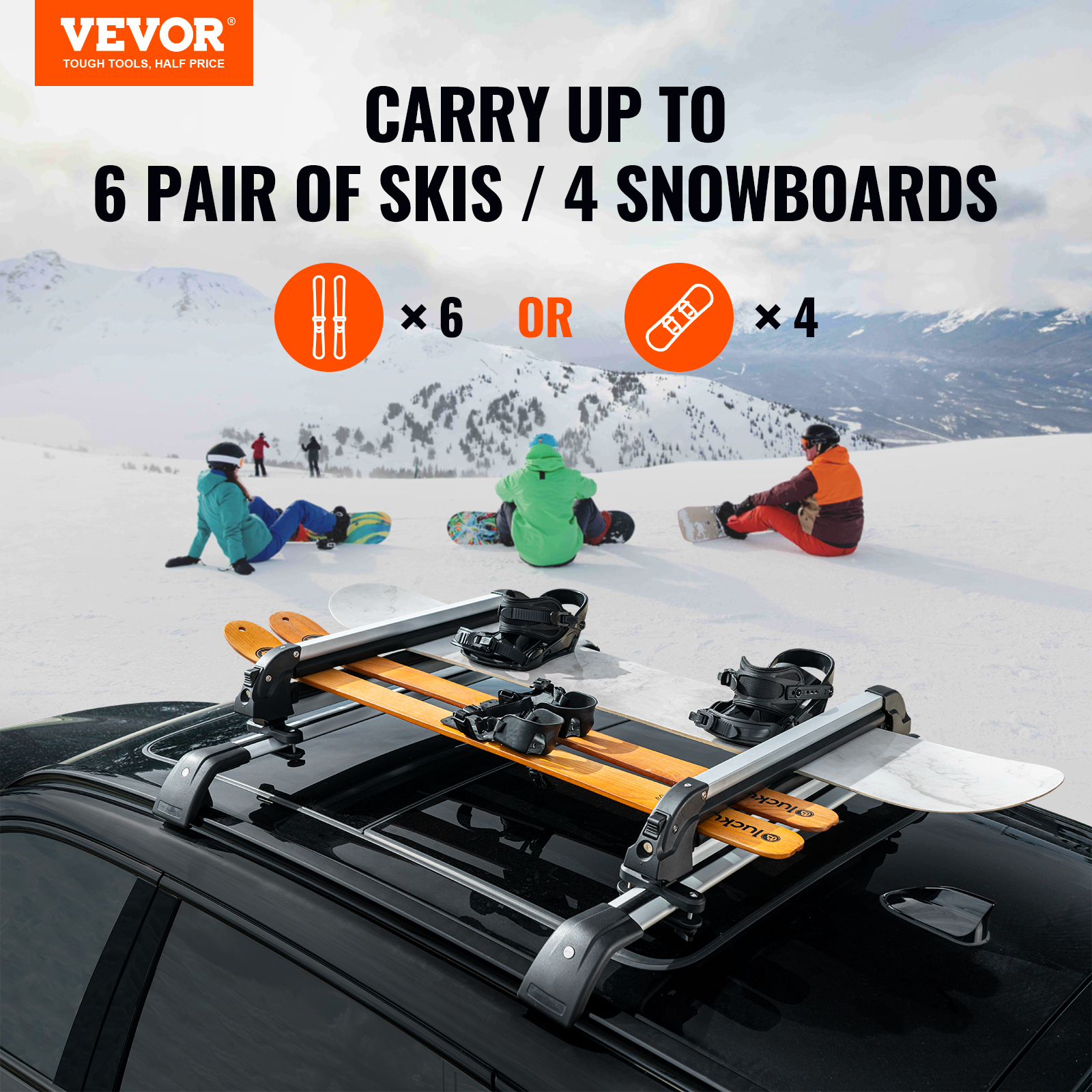VEVOR Ski and Snowboard Roof Rack, 31.7-Inch Universal Ski Rack for Car Roof Fit Most Crossbars, Carry up to 6 Pairs of Skis or 4 Snowboards, Aluminum Snowboard Ski Rack with Lock & Rubber Padding