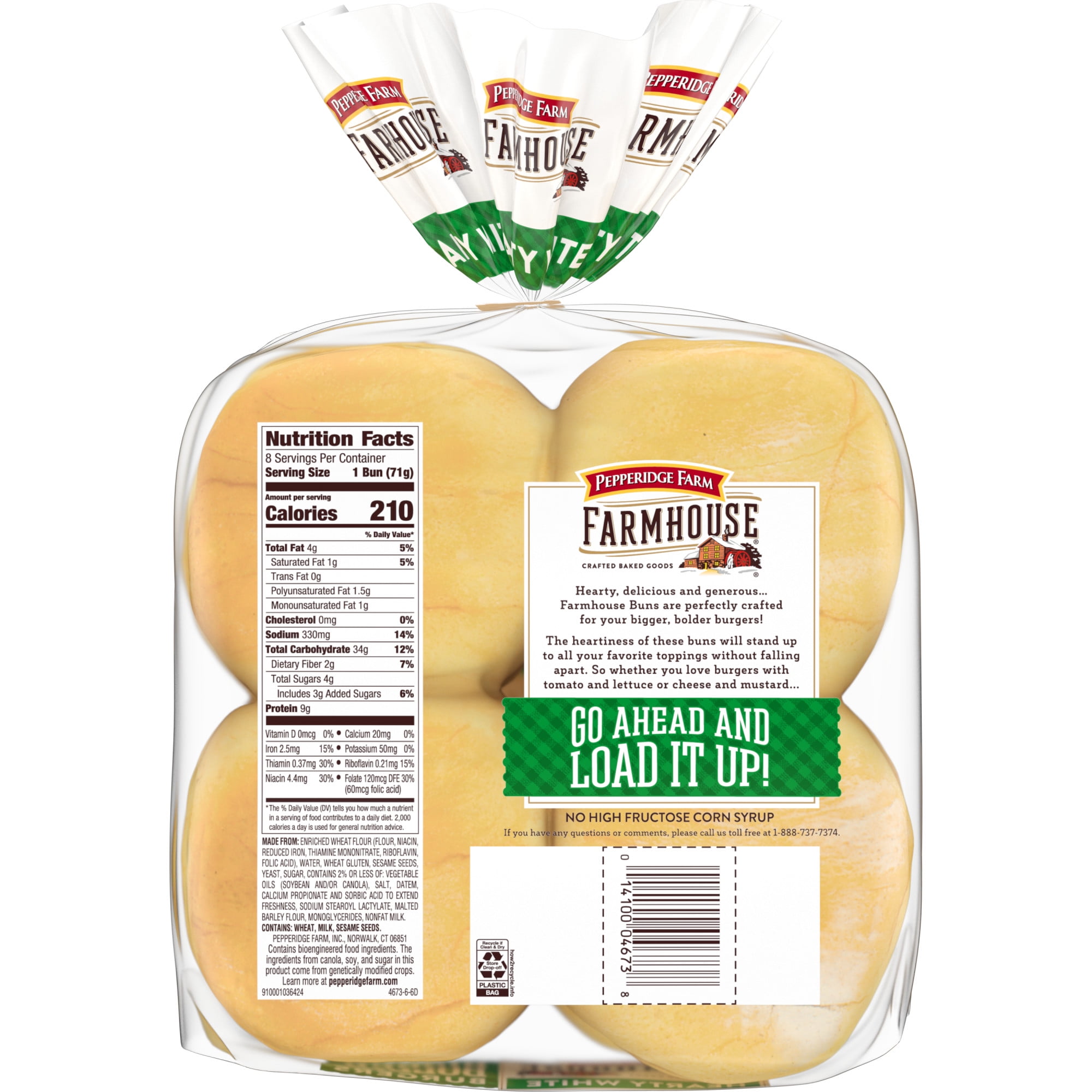 Pepperidge Farm Farmhouse Hearty White Hamburger Buns, 8-Pack Bag
