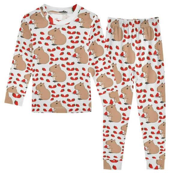 joogoo Cute Capybara Strawberry 2 Piece Long Sleeve Tee and Pants Cotton Pajama Set 5Y