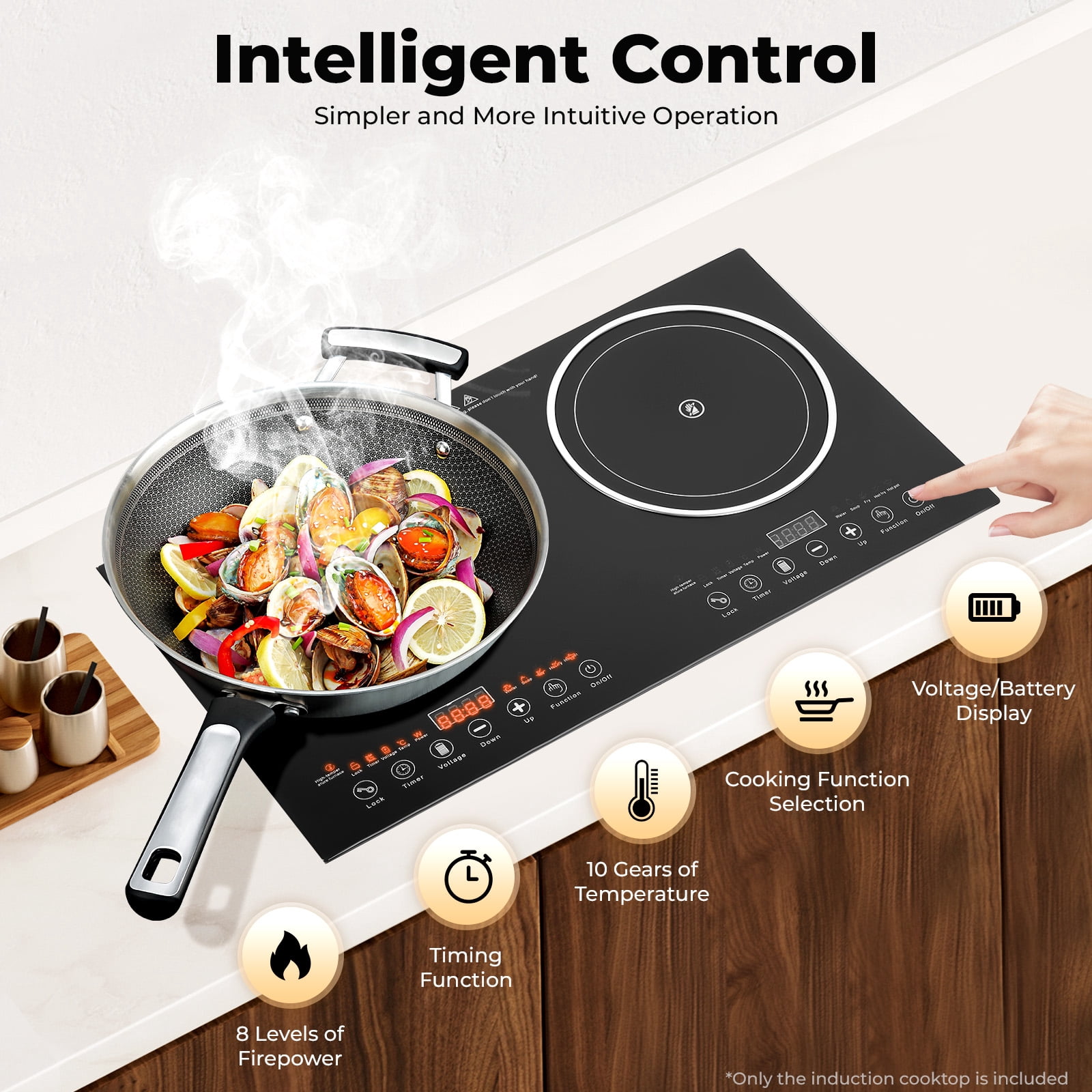 Double Burner 2400W Induction Cooktop with Touch Controls, Black Crystal Panel, 8 Power Levels, Non-Slip Pads, 110V, Easy to Clean & Fast Heat Dissipation