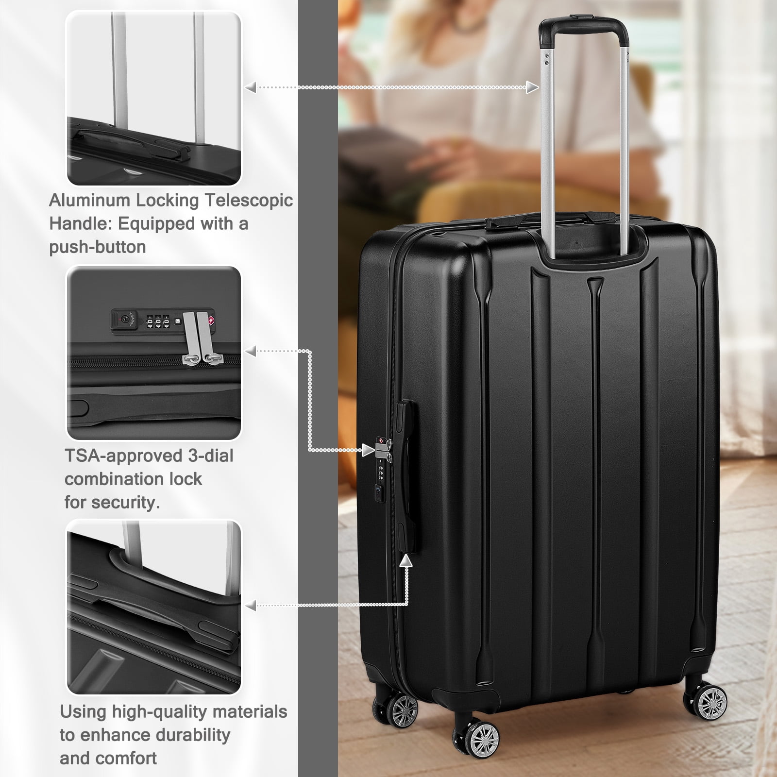 Ktaxon 3-Piece Hardshell Luggage Set Lightweight ABS+PC Carry On Suitcase with TSA Lock, 360° Spinner Wheels Black