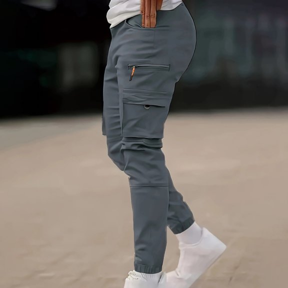 PNTUTB Men's Casual Solid Color Athletic Elastic Waist Drawstring Zipper Multi-Pocket Cuffed Work Pants