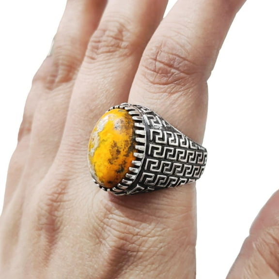 Bumblebee Jasper Mans Ring, Natural Bumblebee Jasper, Silver Jewelry, 925 Silver Ring, Birthday Gift, Heavy Mens Ring, Arabic Design, Ottoman Style Ring, Christmas, Turkey Mens Signet Ring