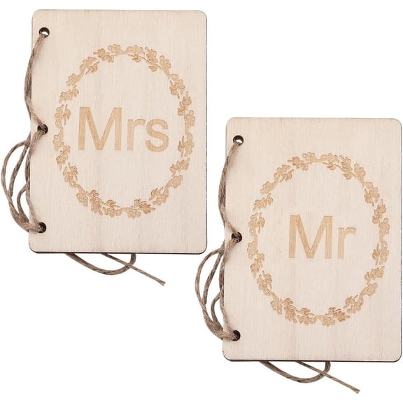 1 Set Creative Wooden Greeting Cards Wedding Vows Book with Word Antique White with Kraft Paper Rectangle and Jute Rope 105x75x2mm