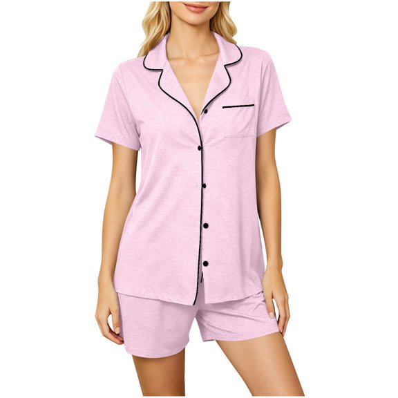 Wensltd Women's Short Sleeve Pajama Set with Notched Collar and Matching Shorts Comfortable Summer Nightwear