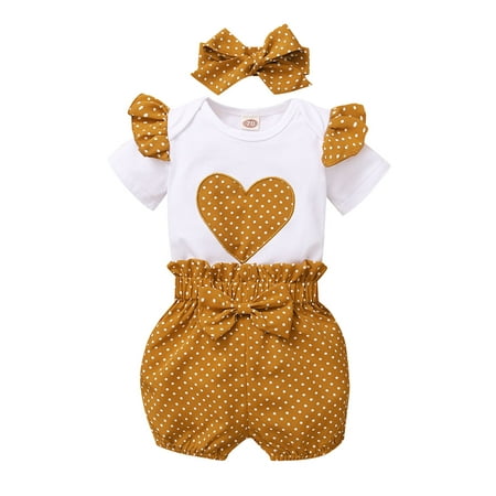 

Baby Girls Short Ruffled Sleeve Patchwork Romper Tops Polka Dot Shorts Pants With Headbands 3PCS Set