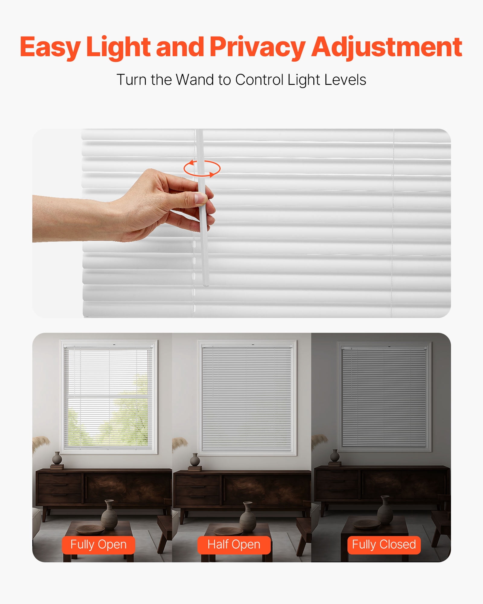 VEVOR Mini Blinds, 34" W x 48" H, 1" Slat Size, Cordless Horizontal Light Filtering Mini Blind for Indoor Windows, Easy to Clean and Simple Light Adjustment, for Home Decor, Room Darkening, White
