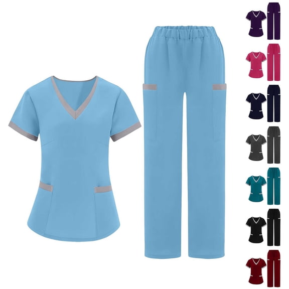 Mifsaly Scrub Sets for Women Wide Leg Pants Contrast Trim V Neck Scrub Sets Modern Fit Medical Uniforms Breathable Nursing Scrubs 2026 S