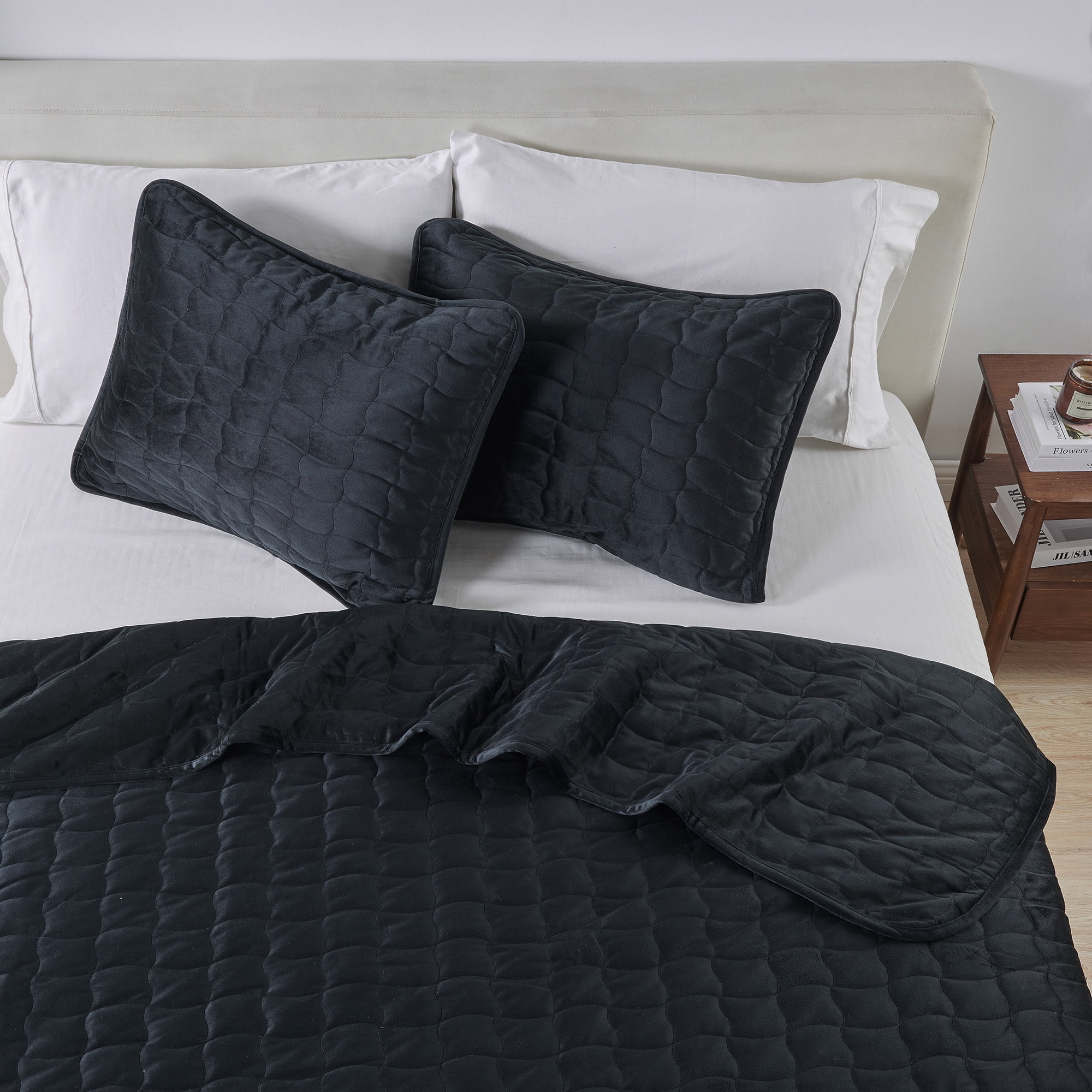 Dual-Sided Velvet Box-Stitched Heavyweight 2-Piece Twin Quilt Set, Black