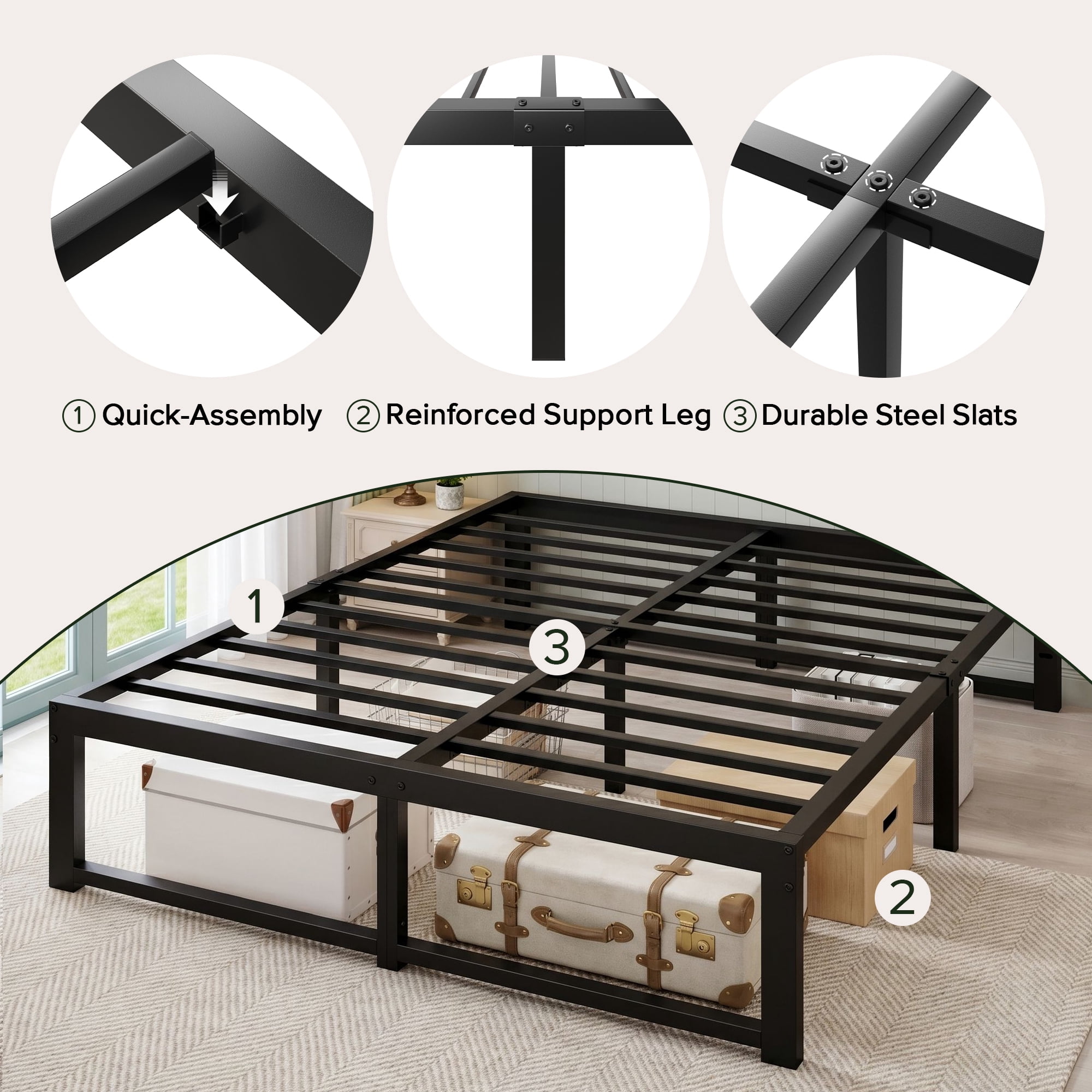 Einfach 14" Full Size Bed Frame, Metal Platform Bed with Ample Under-Bed Storage Space, Upgraded Frame Structure, 3500 LBS Capacity, Black